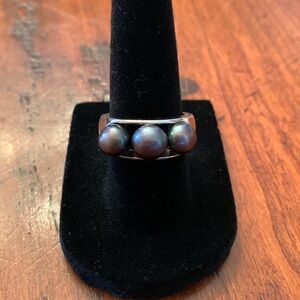 Sterling Silver Ring with 3 Black Pearls, Modernist Style.